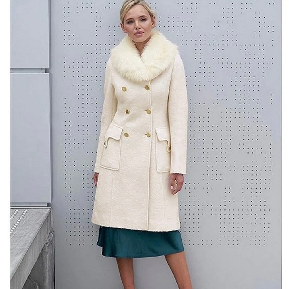 Double Breasted Faux Fur Shawl Collar Long Sleeve Boucle Wool Blend Walker Coat